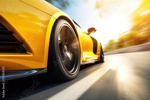  a close up of a yellow sports car driving down a road with the sun shining on the side of it. © Nadia