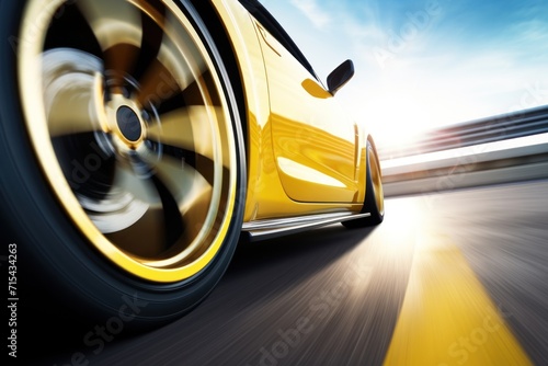  a close up of a yellow sports car driving down a road with the sun shining on the side of the car. © Nadia