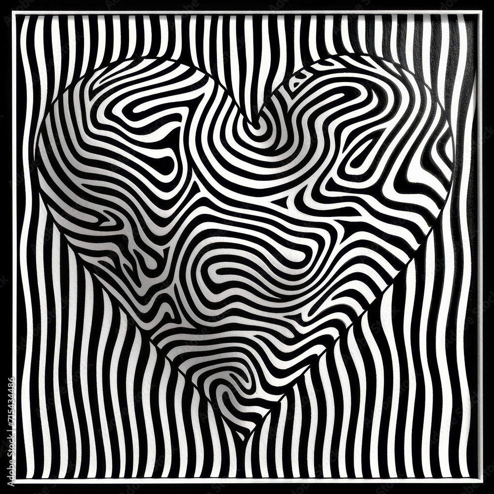 Optical Illusion Heart in Black and White.
A mesmerising black and white optical illusion featuring a heart shape with a wavy pattern.