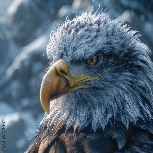 a bald eagle in front of snowy mountains.