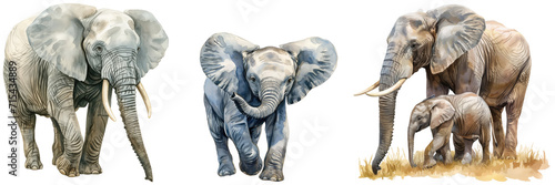 Watercolour style clipart bundle of african elephants, adult and baby, isolated on a transparent background