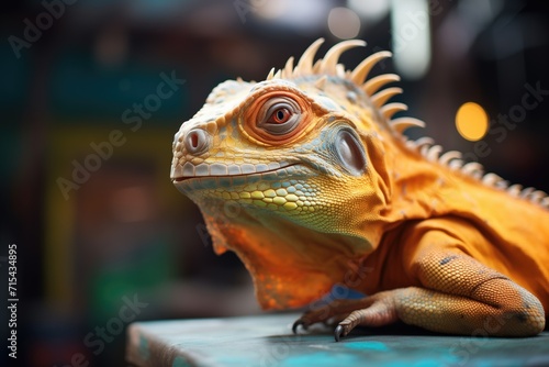 vivid iguana basking under a heat lamp