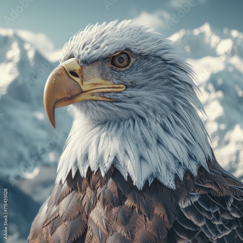a bald eagle in front of snowy mountains.