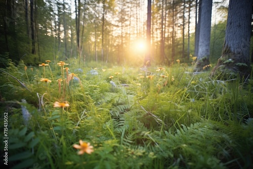 forest clearing with wildflowers and ferns at sunset