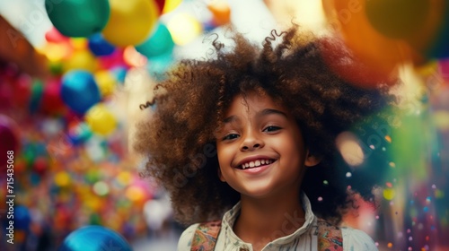 beautiful little girl with colorful balloons on a street.