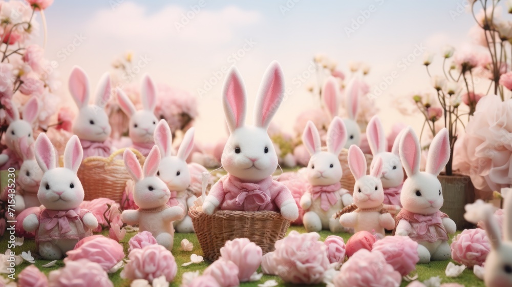 A whimsical setting with adorable bunny figurines, setting the stage for an enchanting Easter promotion.