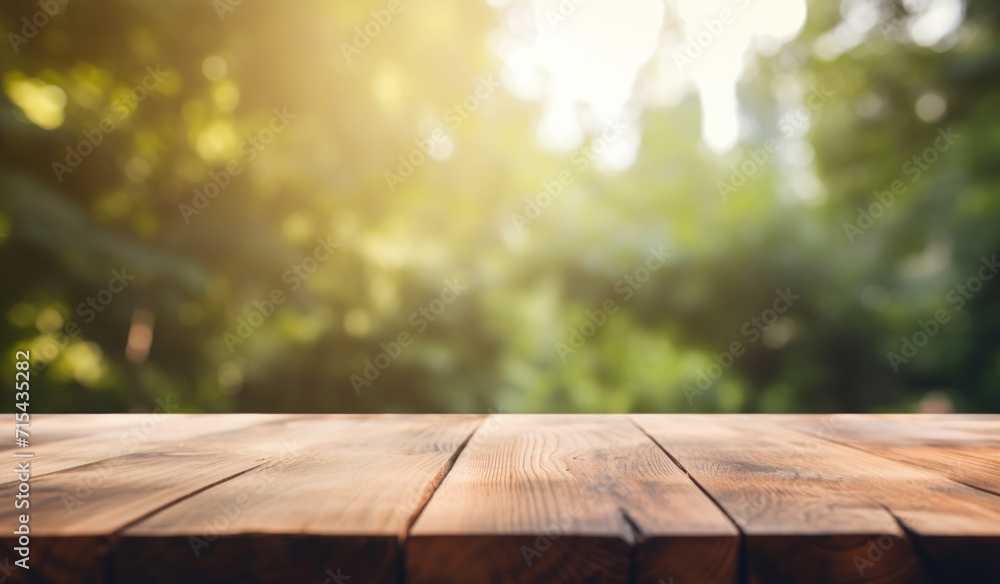 a blurrred wood tabletop on top of a tree and nature background. a blurrred wood tabletop on top of a tree and nature background.