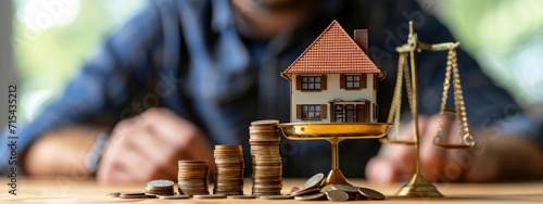 a man with a house on a scale with coins on it.