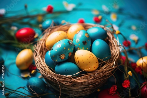  a bird's nest filled with blue and yellow speckles and red and yellow eggs on a blue surface.