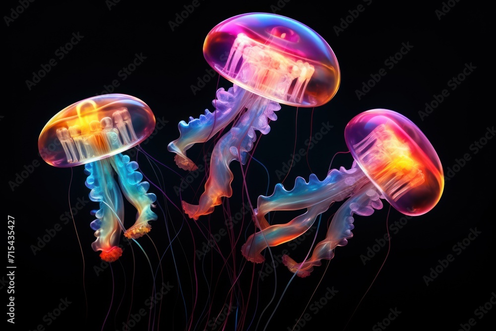  a group of jellyfish floating next to each other on a black background with a red dot on the bottom of the jellyfish's head.