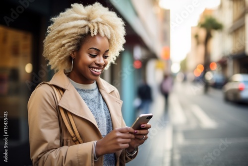 blonde african american woman looking at a smartphone walking along a city st...