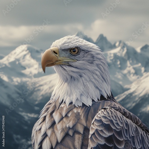 a bald eagle in front of snowy mountains.