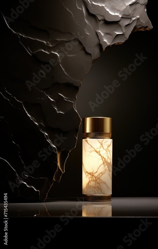 a bottle of skin moisturizer sitting by a lamp in a dark space.