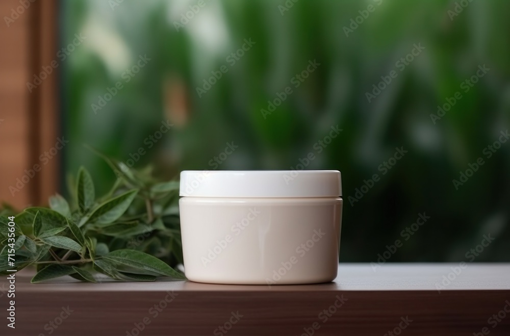 a white container of lotion with plants on top of it a white container of lotion with plants on top of it