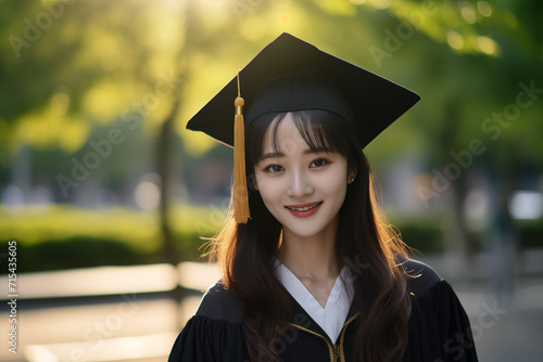 Young pretty Chinese woman at outdoors dressing university graduate clothes