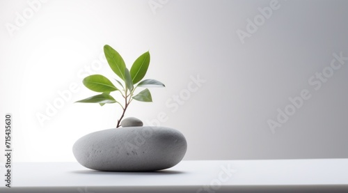 a bunch of stones, a green plant, and a white background
