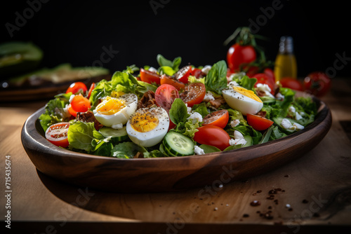 Delicious fresh salad at indoors in a kitchen