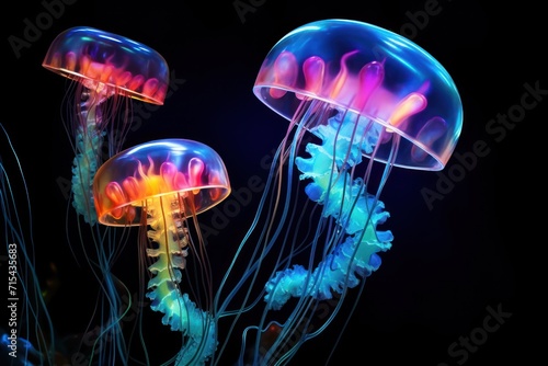  a group of jellyfish floating on top of a body of water next to each other on a black background. © Nadia