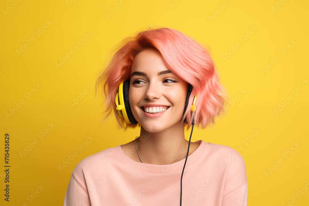 Young pink haired woman over isolated colorful background listening music with headphones Young pink haired woman over isolated colorful background listening music with headphones