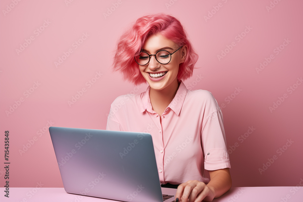 Young pink haired woman over isolated colorful background working with a laptop Young pink haired woman over isolated colorful background working with a laptop