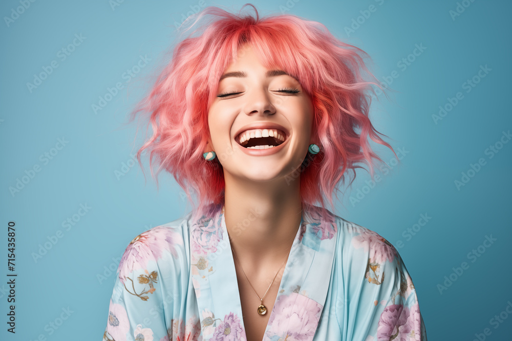 Young pink haired woman over isolated colorful background Young pink haired woman over isolated colorful background