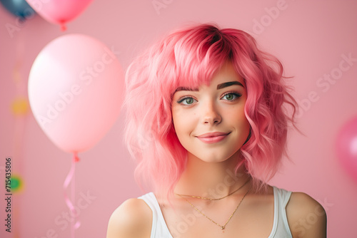 Young pink haired woman over isolated colorful background in a birthday party