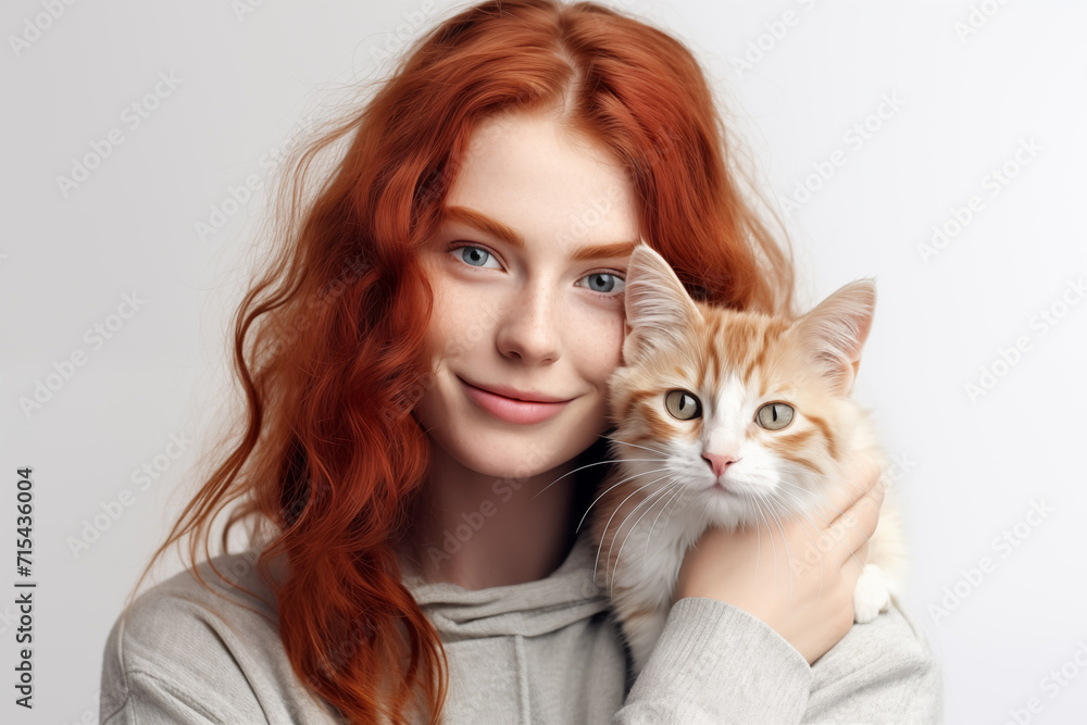 Young pretty redhead girl over isolated white background with a cat Young pretty redhead girl over isolated white background with a cat