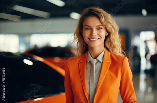 a young woman in an orange suit and tie is standing in a car showroom.