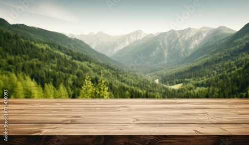 an empty wooden table in front of a beautiful green.