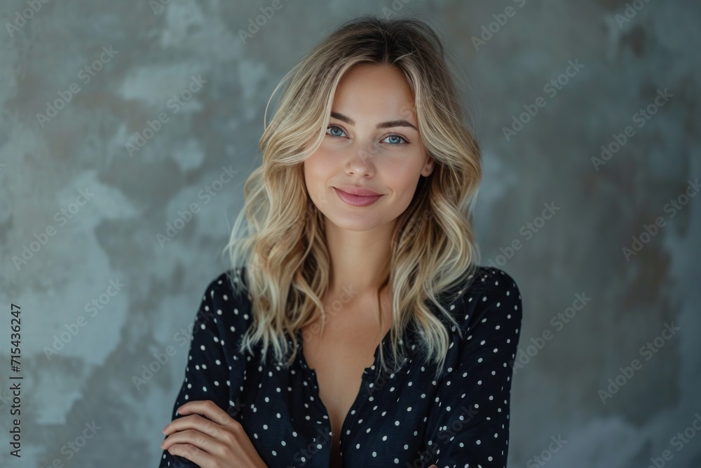 actress in polka dot ensemble posing wearing blouse and arm folded. actress in polka dot ensemble posing wearing blouse and arm folded.