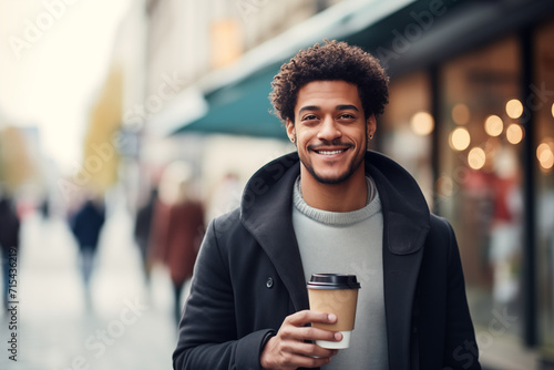 Young African American man holding a take away coffee