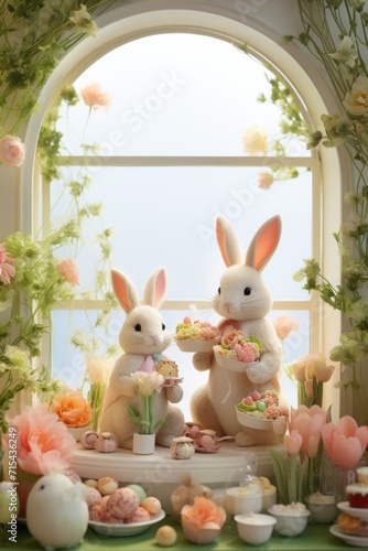A whimsical setting with adorable bunny figurines  setting the stage for an enchanting Easter promotion.