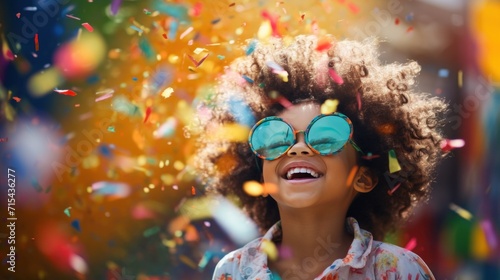 a little girl wearing colored glasses and confetti.
