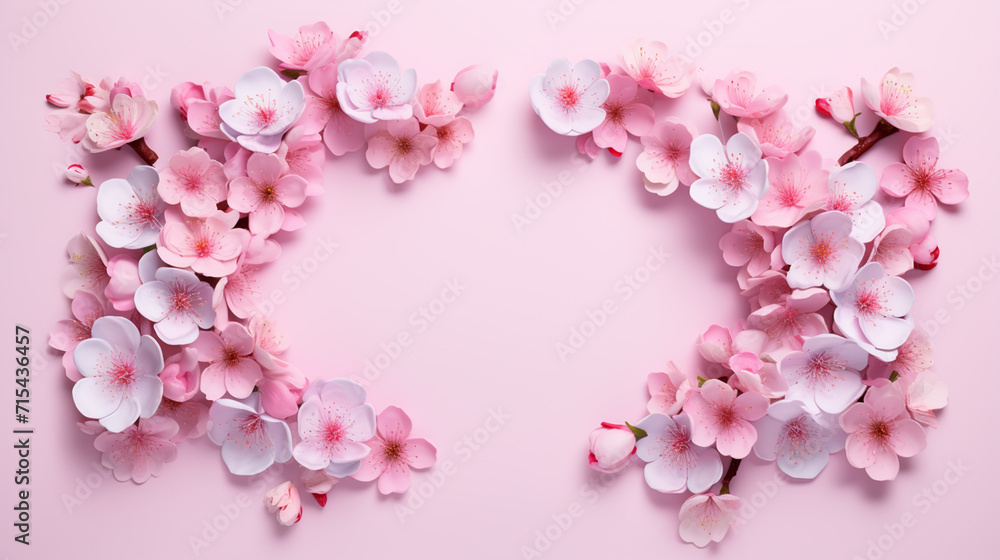 Cherry blossom, sakura branch with pink flowers on white frame and sweet pink background. Image of springtime.