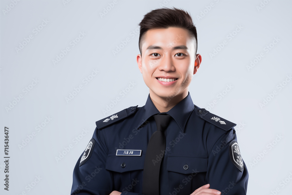 Chinese man over isolated white background with police uniform Chinese man over isolated white background with police uniform