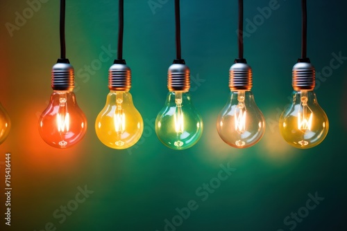  a group of light bulbs hanging from a line on a green and blue background with a light bulb in the middle of the row.