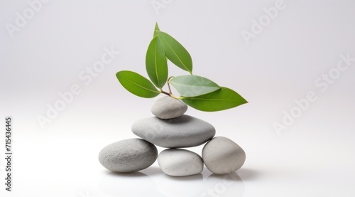 a bunch of stones, a green plant, and a white background