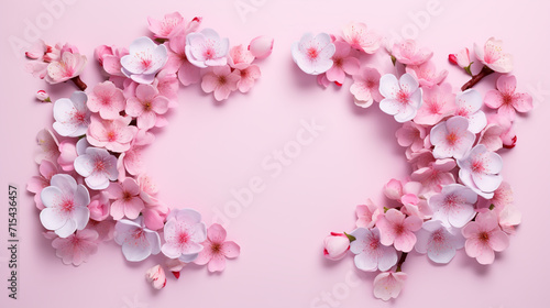 Cherry blossom, sakura branch with pink flowers on white frame and sweet pink background. Image of springtime.