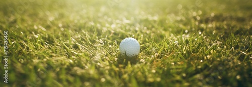 a golf ball on grass on a sunny day, in the style of sunrays shine upon it.