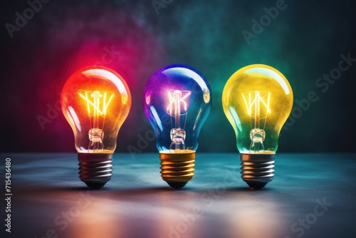  a group of three light bulbs sitting next to each other on top of a blue surface in front of a red, green, yellow, blue, and pink, and purple light.