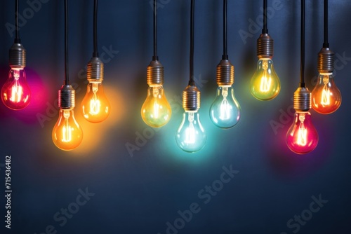  a group of light bulbs hanging from a line of lights that are lit up in different colors of the same bulb. photo