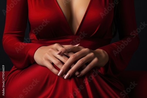 a woman is holding red nail polish while her nails are red,.