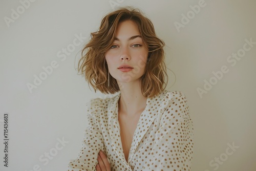 actress in polka dot ensemble posing wearing blouse and arm folded.