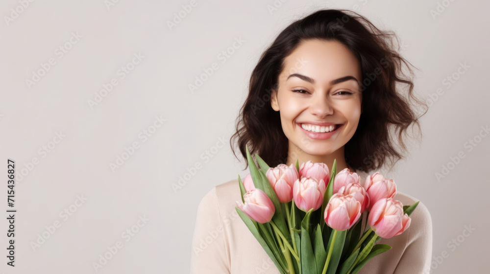 beautiful young girl model with a bouquet of tulip flowers, international women's day, warm relationship care and attention beautiful young girl model with a bouquet of tulip flowers, international women's day, warm relationship care and attention