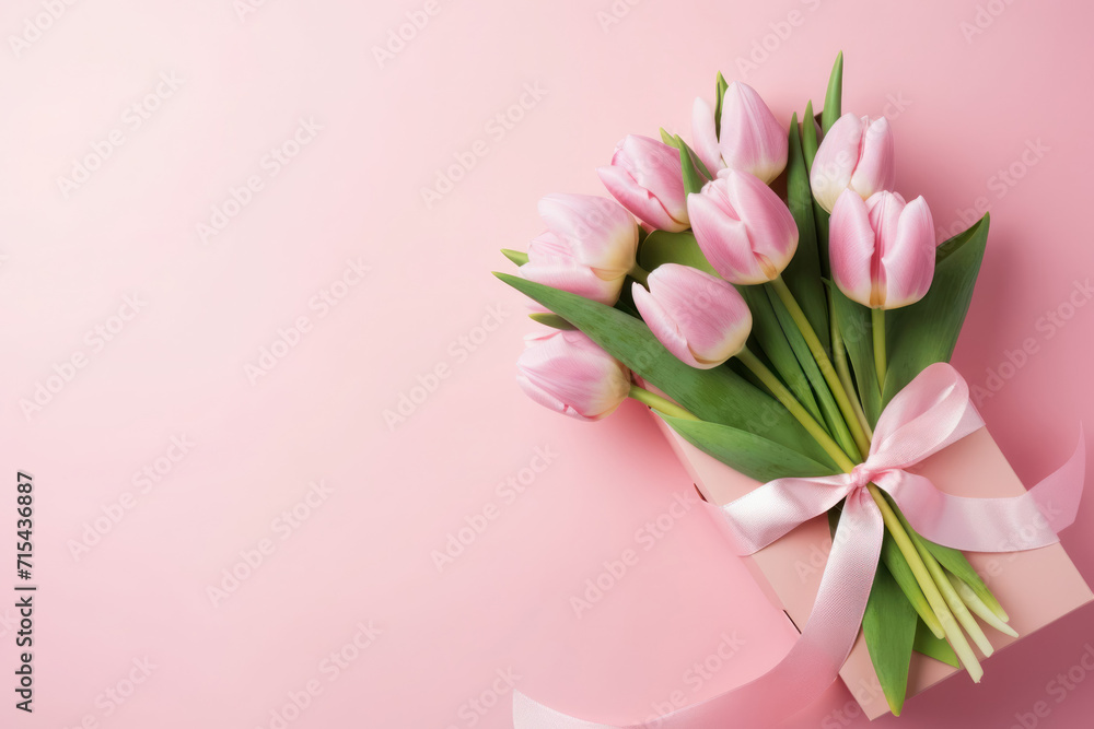 spring background with pink tulip flowers, flat lay, top view, copy space, space for text, gentle minimalistic spring background with pink tulip flowers, flat lay, top view, copy space, space for text, gentle minimalistic