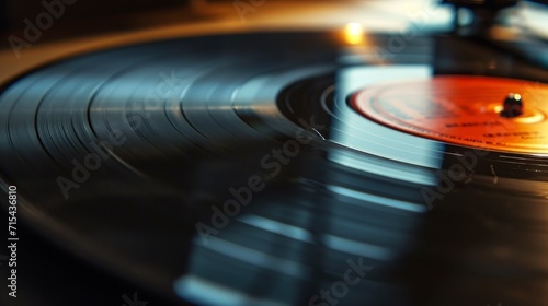Black Vinyl Record Closeup. Macro Image of a Long Play. Sound tracks on a vinyl record photo