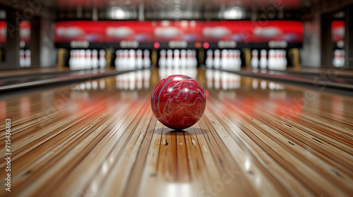  bowling ball hitting pins in a bowling alley, in the style of photorealism, energetic