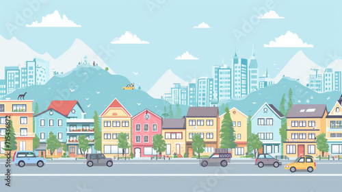 Flat vector outline style illustration of urban landscape street with cars skyline city office buildings family houses in small town and mountain in background. © imlane