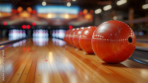  bowling ball hitting pins in a bowling alley, in the style of photorealism, energetic