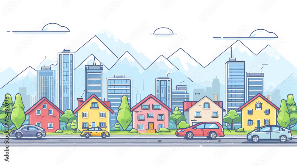 Flat vector outline style illustration of urban landscape street with cars skyline city office buildings family houses in small town and mountain in background. 